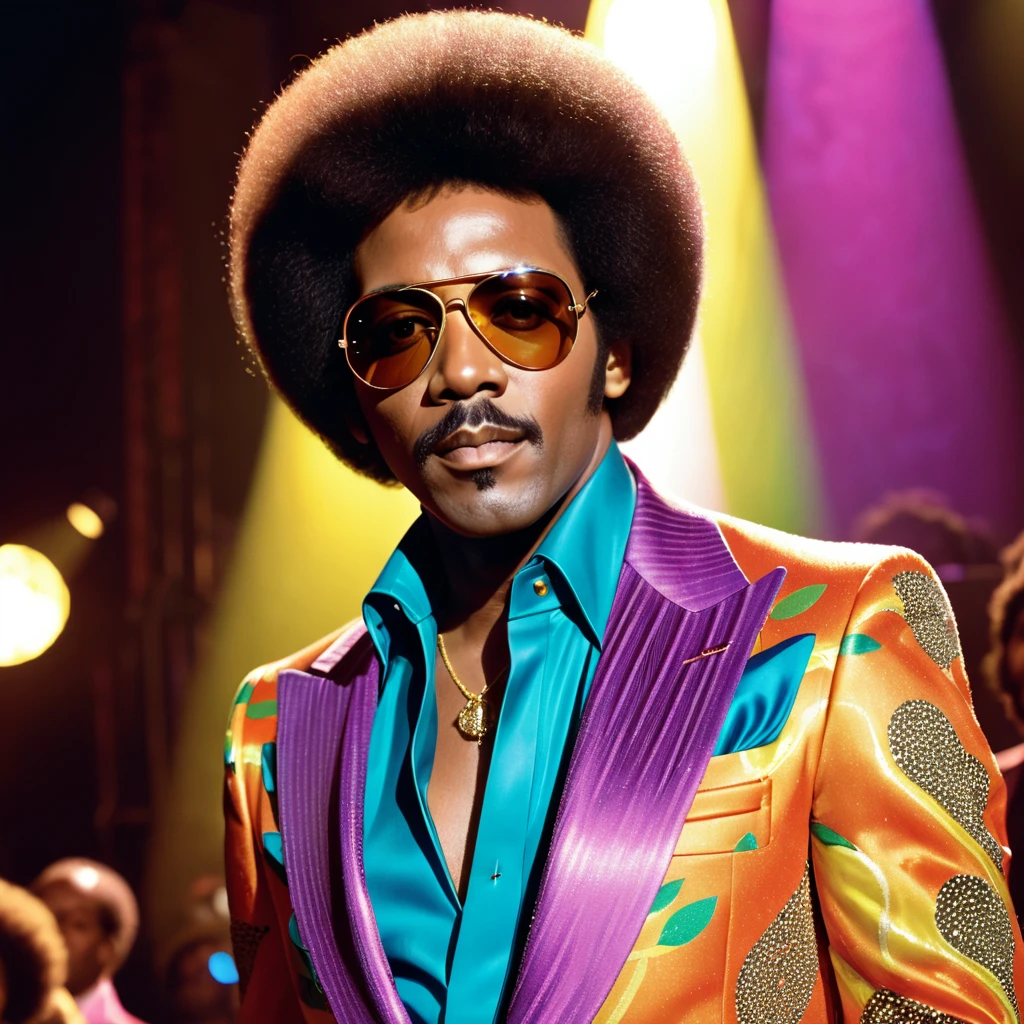 A closeup photo of Luther Diamond, a fictional 1970s R&B superstar. Luther has a stylish afro hairstyle, large aviator sunglasses, and a confident expression. He is dressed in a flashy, colorful suit with wide lapels and a bold pattern, embodying the vibrant fashion of the 1970s. The background features a stage with vibrant lighting, capturing the energetic atmosphere of a live performance. This image showcases Luther as a charismatic and legendary performer from the era.