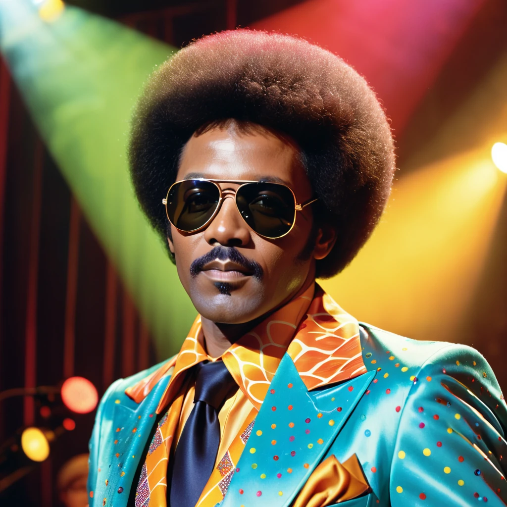 A closeup photo of Luther Diamond, a fictional 1970s R&B superstar. Luther has a stylish afro hairstyle, large aviator sunglasses, and a confident expression. He is dressed in a flashy, colorful suit with wide lapels and a bold pattern, embodying the vibrant fashion of the 1970s. The background features a stage with vibrant lighting, capturing the energetic atmosphere of a live performance. This image showcases Luther as a charismatic and legendary performer from the era.