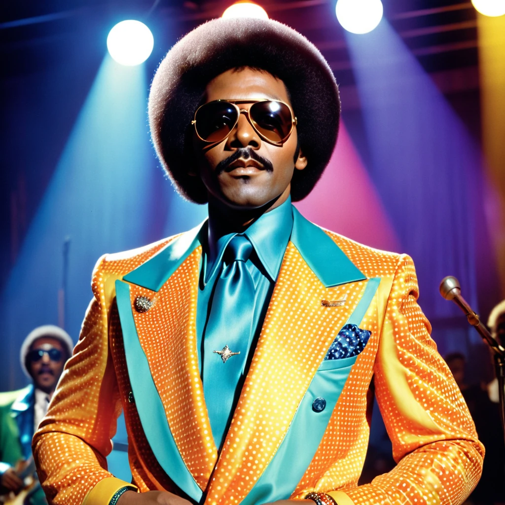 A closeup photo of Luther Diamond, a fictional 1970s R&B superstar. Luther has a stylish afro hairstyle, large aviator sunglasses, and a confident expression. He is dressed in a flashy, colorful suit with wide lapels and a bold pattern, embodying the vibrant fashion of the 1970s. The background features a stage with vibrant lighting, capturing the energetic atmosphere of a live performance. This image showcases Luther as a charismatic and legendary performer from the era.