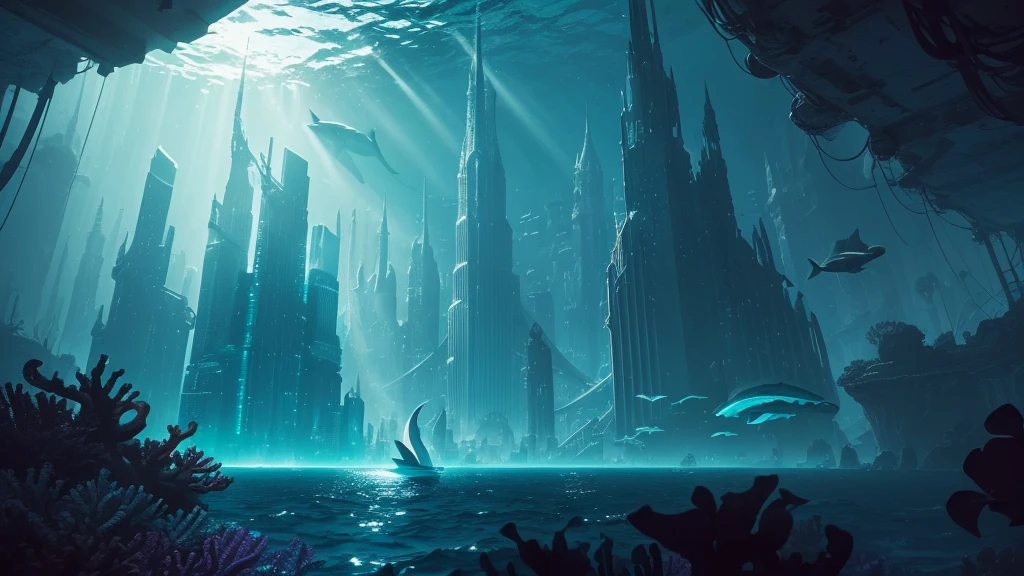 "A high-resolution, realistic, fantastical, and serene deep-sea city scene viewed from the ocean floor looking up towards the water surface. The city is very large with futuristic buildings, domes, and spires, completely submerged in clear emerald green water. The scene has a magical and tranquil atmosphere, with soft glowing lights illuminating the city. The water is deep, creating a darker and more mysterious environment. In the background, the silhouette of a whale can be seen. The city is surrounded by vibrant marine life and coral formations, capturing the enchanting beauty of the underwater city. The theme color is Purple and Cyan blue, highlighting the underwater environment. The aspect ratio is 16:9."