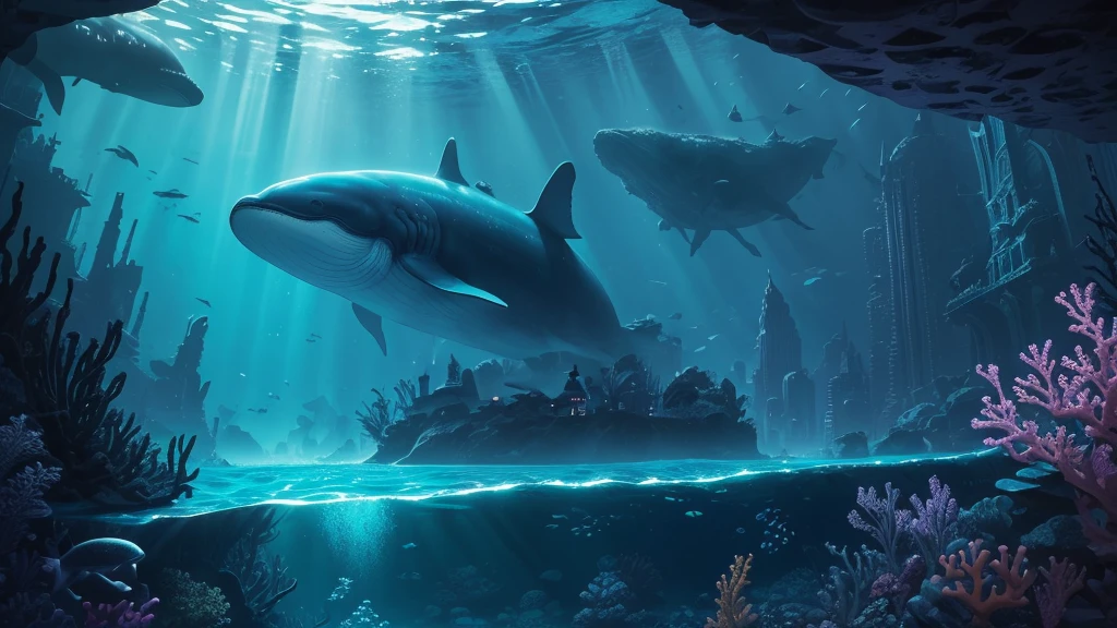 "A high-resolution, realistic, fantastical, and serene deep-sea city scene viewed from the ocean floor looking up towards the water surface. The city is very large with futuristic buildings, domes, and spires, completely submerged in clear emerald green water. The scene has a magical and tranquil atmosphere, with soft glowing lights illuminating the city. The water is deep, creating a darker and more mysterious environment. In the background, the silhouette of a whale can be seen. The city is surrounded by vibrant marine life and coral formations, capturing the enchanting beauty of the underwater city. The theme color is Purple and Cyan blue, highlighting the underwater environment. The aspect ratio is 16:9."