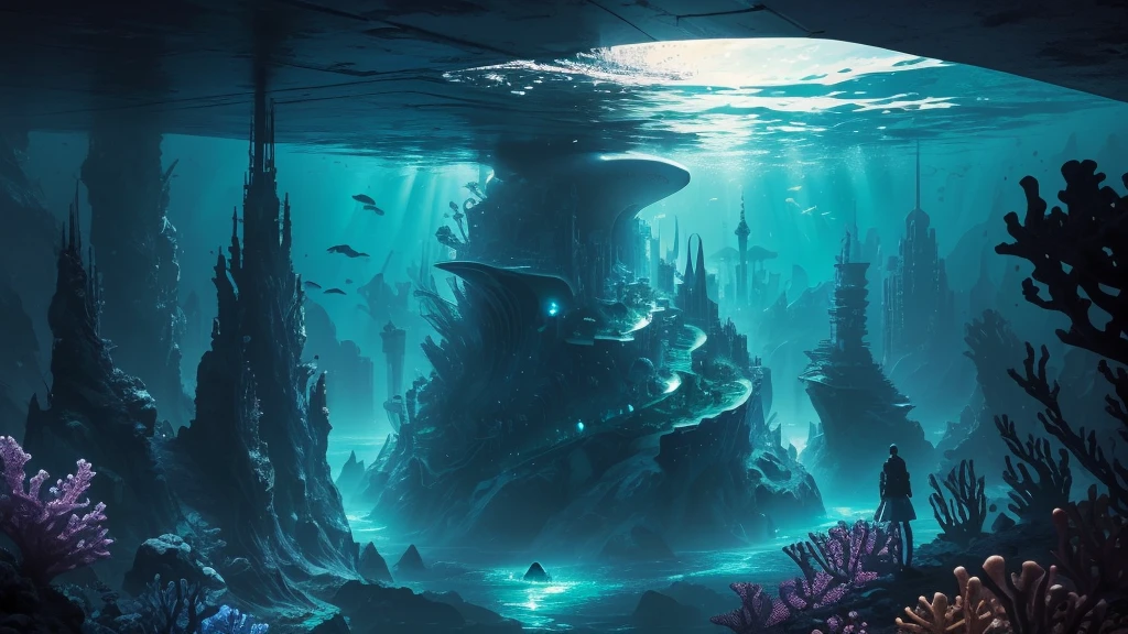 "A high-resolution, realistic, fantastical, and serene deep-sea city scene viewed from the ocean floor looking up towards the water surface. The city is very large with futuristic buildings, domes, and spires, completely submerged in clear emerald green water. The scene has a magical and tranquil atmosphere, with soft glowing lights illuminating the city. The water is deep, creating a darker and more mysterious environment. In the background, the silhouette of a whale can be seen. The city is surrounded by vibrant marine life and coral formations, capturing the enchanting beauty of the underwater city. The theme color is Purple and Cyan blue, highlighting the underwater environment. The aspect ratio is 16:9."