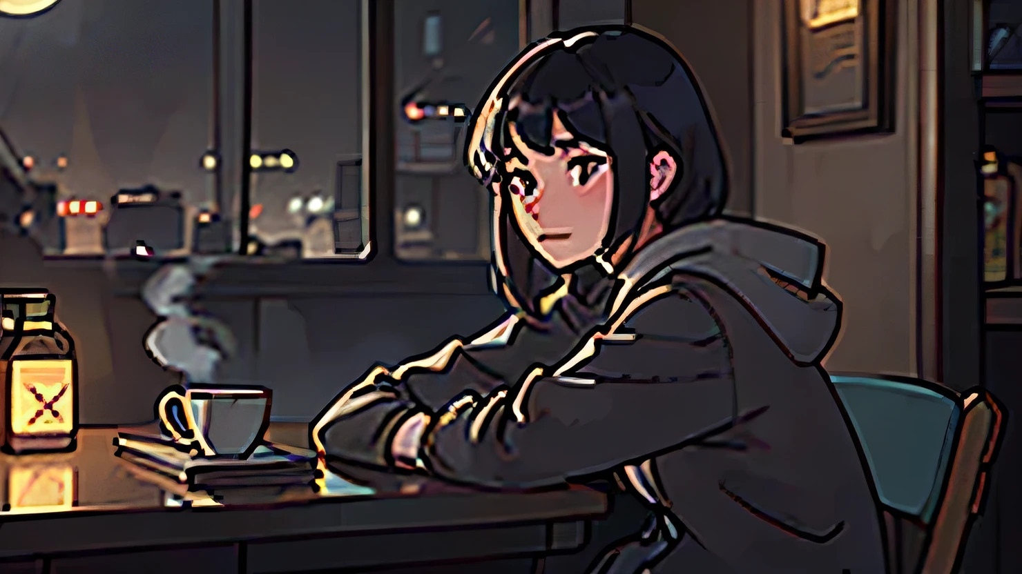 a rainy night city street, a cafe, the moon, (best quality,4k,8k,highres,masterpiece:1.2),ultra-detailed,(realistic,photorealistic,photo-realistic:1.37),cityscape, cobblestone street, glowing cafe windows, neon signs, rain puddles, reflections, moody lighting, dramatic shadows, romantic atmosphere, warm lighting, cozy interior, people sitting at tables, steam from coffee cups, crescent moon in night sky, stars