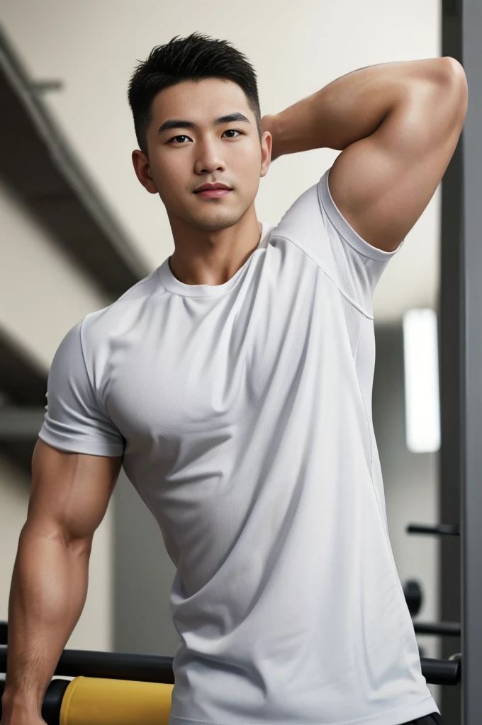 Masterpiece, best quality, high resolution, realistic, handsome, Take beautiful photos, Sayk, NRF, Photo of the 35 year old gym association (man:1.2) Portrait, standing in the gym , make military media, weight, Amazing , Buzzcut short hair,stubble head , (Hyper Muscle),looking at the audience, Flirt with the camera, charming, (Tight white exercise shirt ),(GS-Male:1), 8k uh