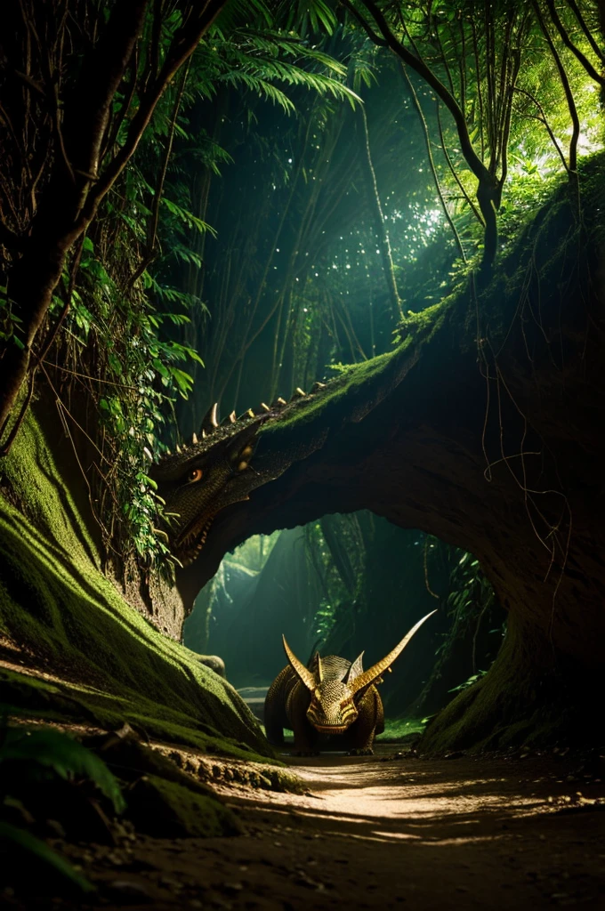 a dragon burrowing its head into a cave in the jungle, tree shadows, low light, 8k quality
