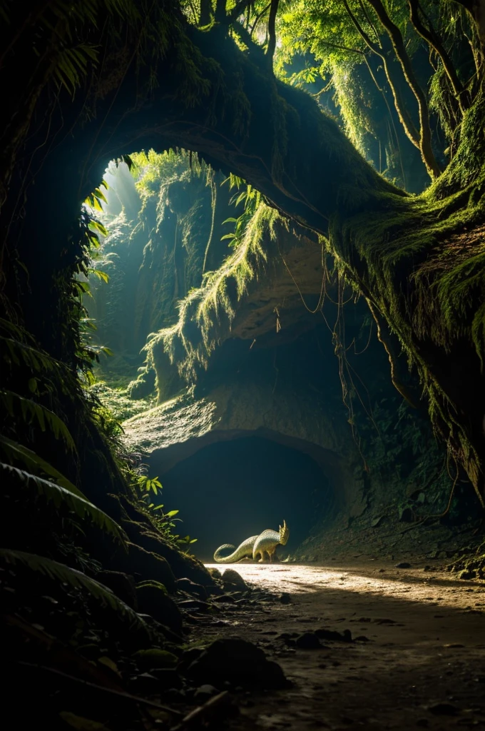 a dragon burrowing its head into a cave in the jungle, tree shadows, low light, 8k quality