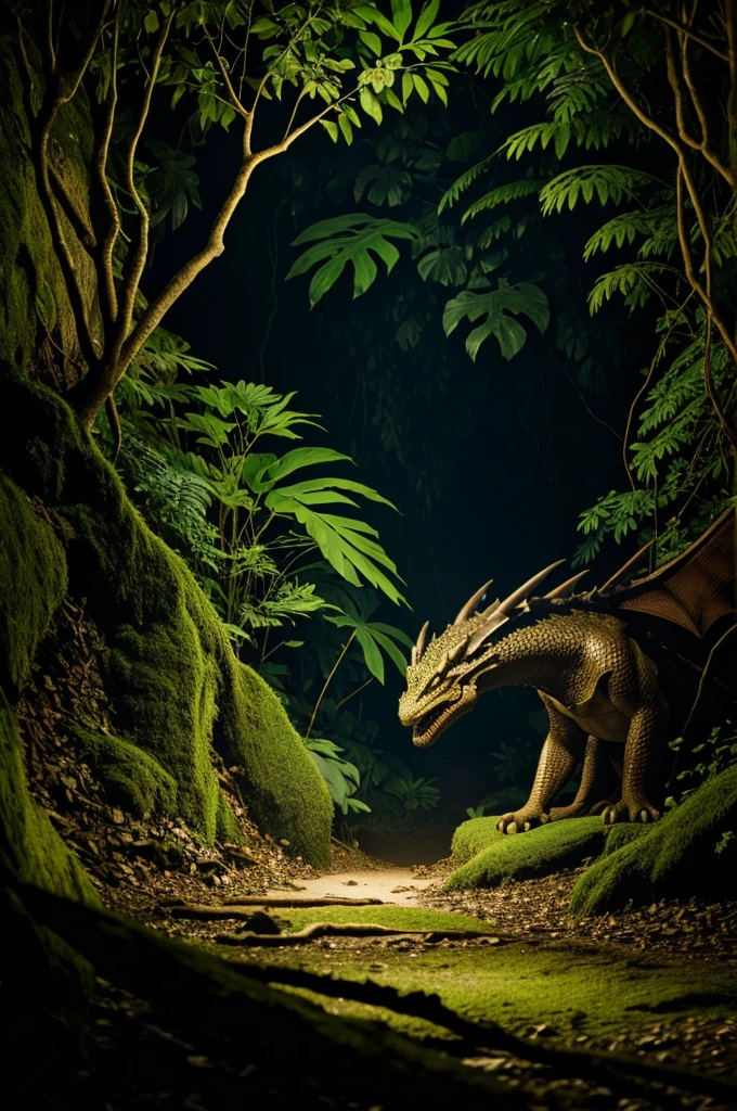 a dragon burrowing its head into a cave in the jungle, tree shadows, low light, 8k quality