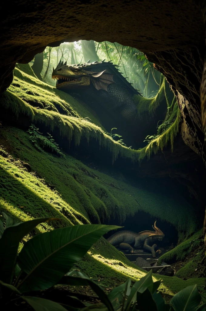 a dragon burrowing its head into a cave in the jungle, tree shadows, low light, 8k quality