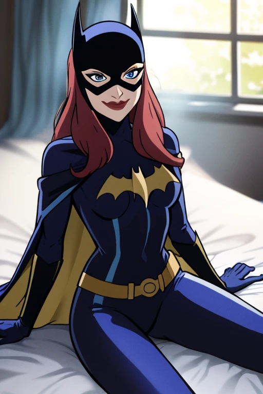 BarbaraG, 1girl, solo, blue cape, blue mask, belt, gloves, blue eyes, superhero, long hair, bodysuit, lipstick, batgirl, sitting, bed, room, smile