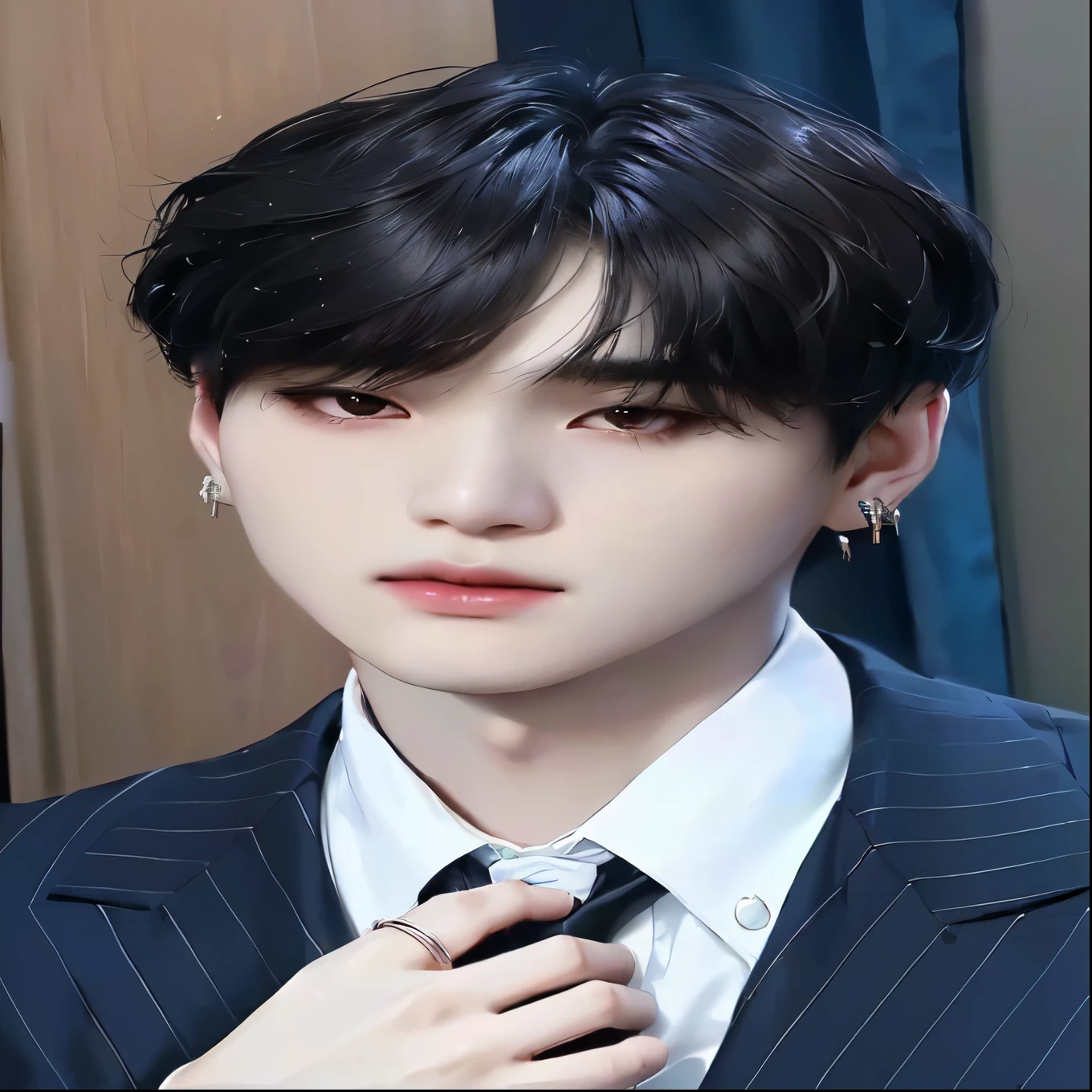 Imagen de Yoongi de pelo negro con traje y corbata, young pale angel, innocent look, pale korean adorable face, taken in the early 2020s, has a penetrating look, key still, ten reads, Yoongi, korean beauty, chico kpop Yoongi, idol Yoongi