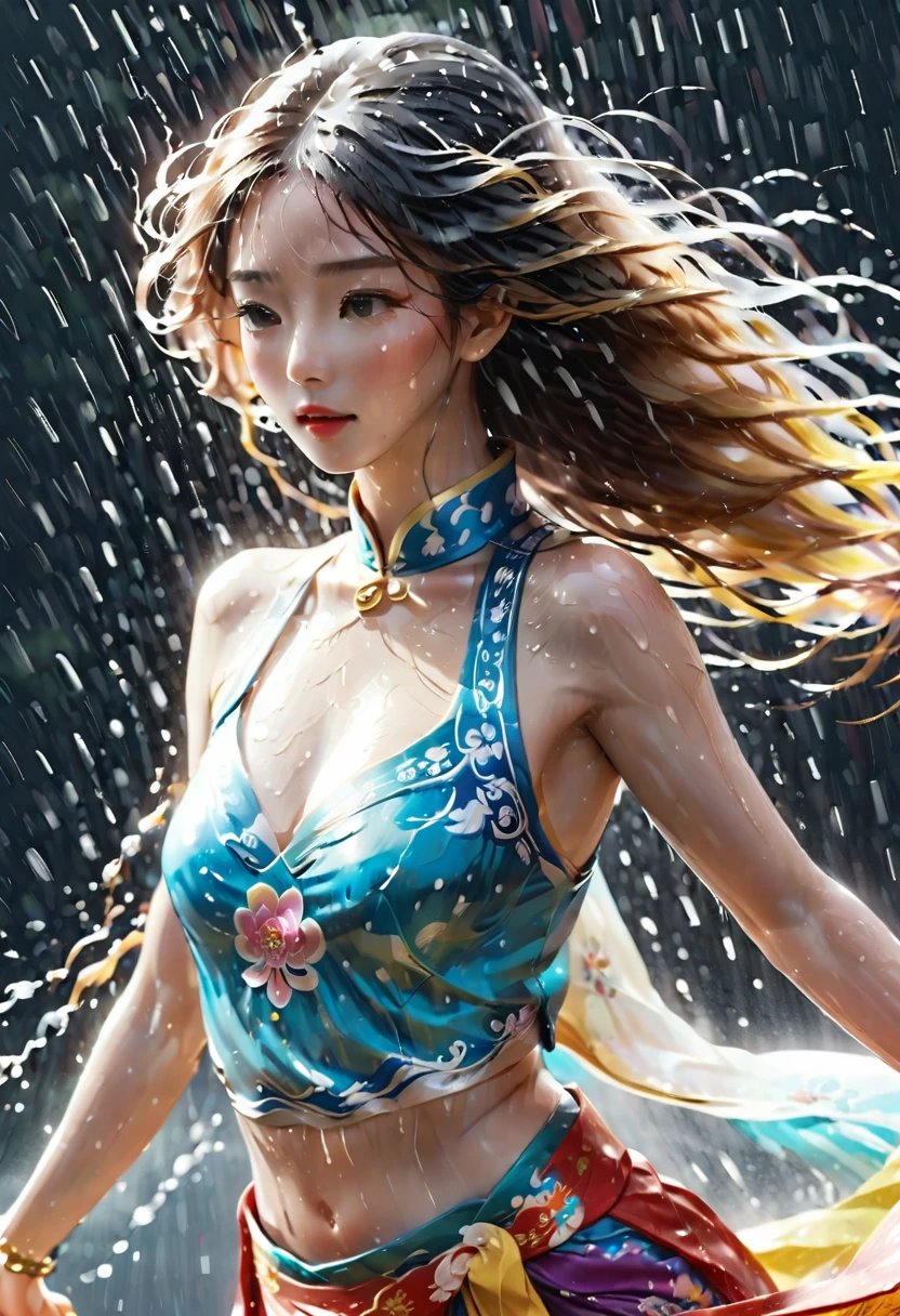 Motion Blur Motion Blur, Black and white close-up, White background, (A beautiful girl in a colorful Chinese costume is dancing in the rain), (rainstorm:1.5),There are translucent dormant air particles at the hem of the skirt, Professional fashion photography, super macro, Abnormally long wavy hair flying wildly, Ultra-fine texture, Tilt movements of hands and face, Poster Style, The Minimalists, Nikon, Hasselblad, Canon, Fujifilm, 16K