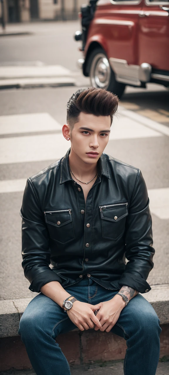 Masterpiece, best quality, ultra-detailed, Realistic Photography, handsome men, rockabilly style fashion