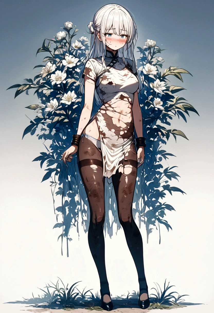 Anime. Young woman. Slave. dirty torn tunic. Dirty torn panties. Cold. Runny nose. Sneeze. Nasal mucus. Snot. Standing. In a lot of growth. Full body.