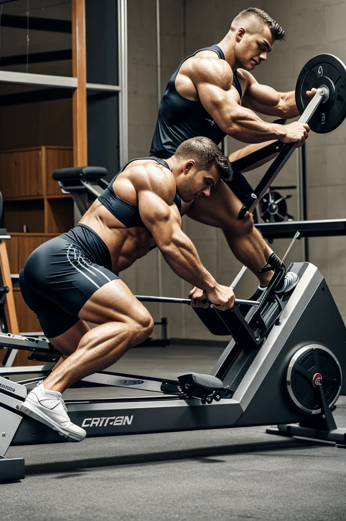 Create me a rowing machine with a muscle man on it, the picture should be from the side