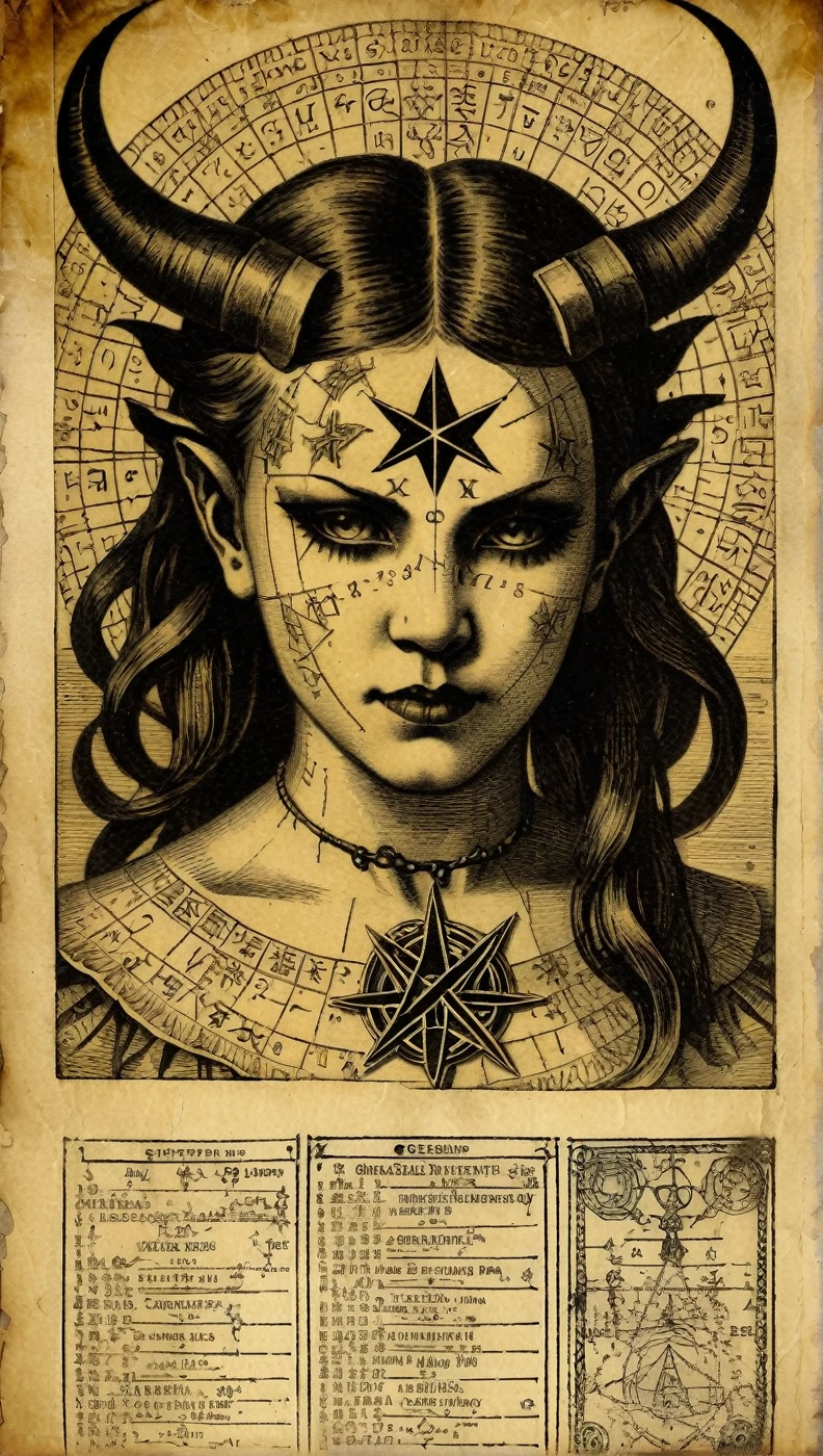 old parchment with engraving, woodcut, depicting a head demon girl, pentagrams, technical markings and medical description with charts, text with strange characters, mystical a photo from the 1920s sepia . Textured, distressed, vintage, edgy, punk vibe, dirty, noisy