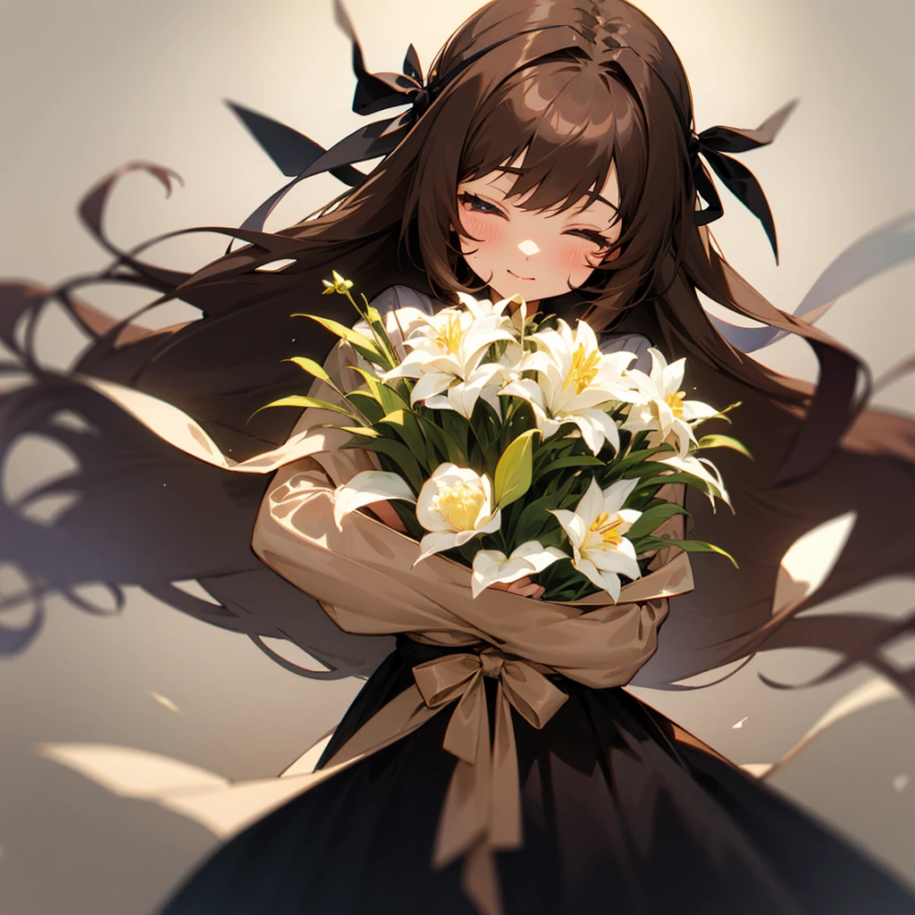 Cute, long brown hair, black ribbon hair accessory, black clothes, eyes closed, brown bouquet