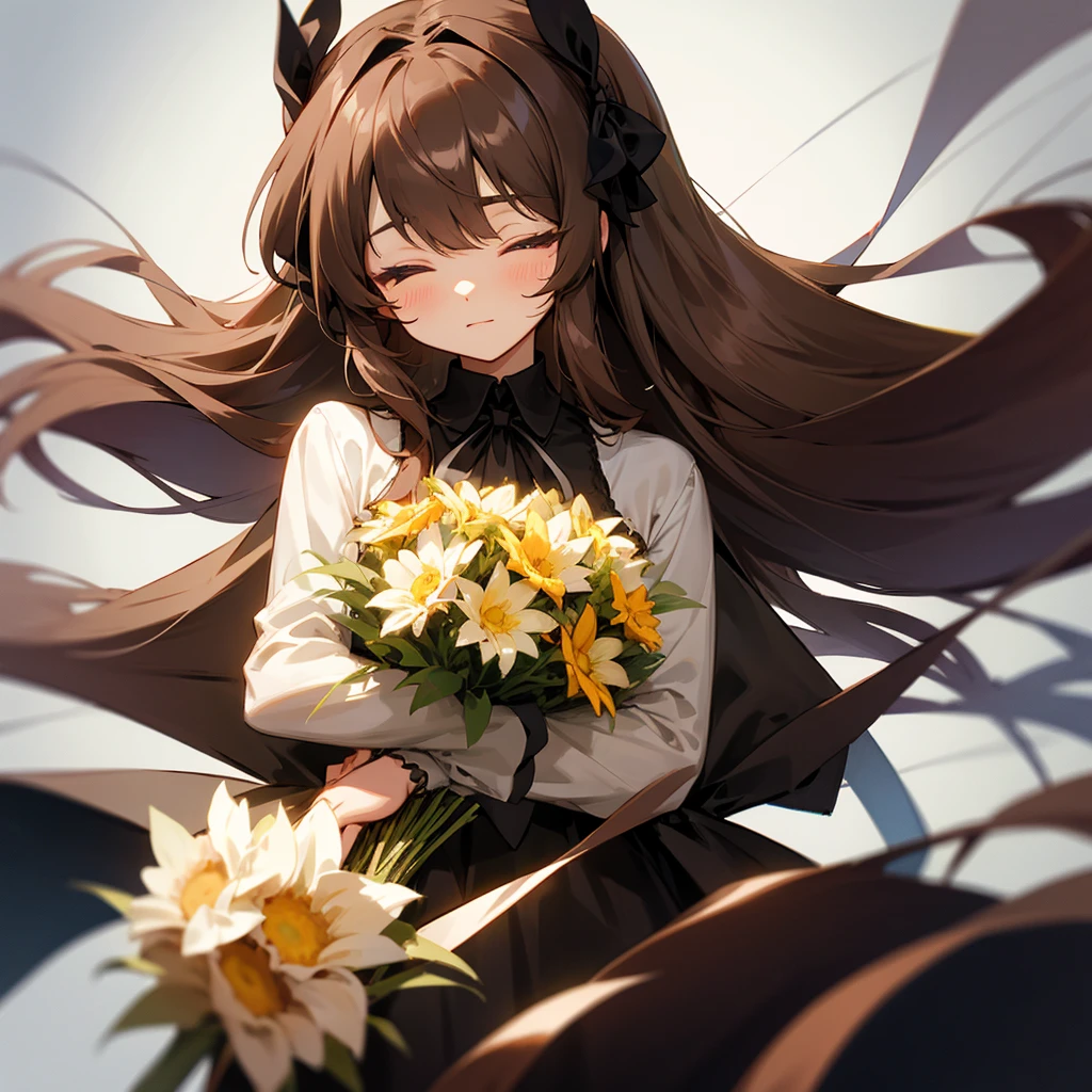 Cute, long brown hair, black ribbon hair accessory, black clothes, eyes closed, brown bouquet