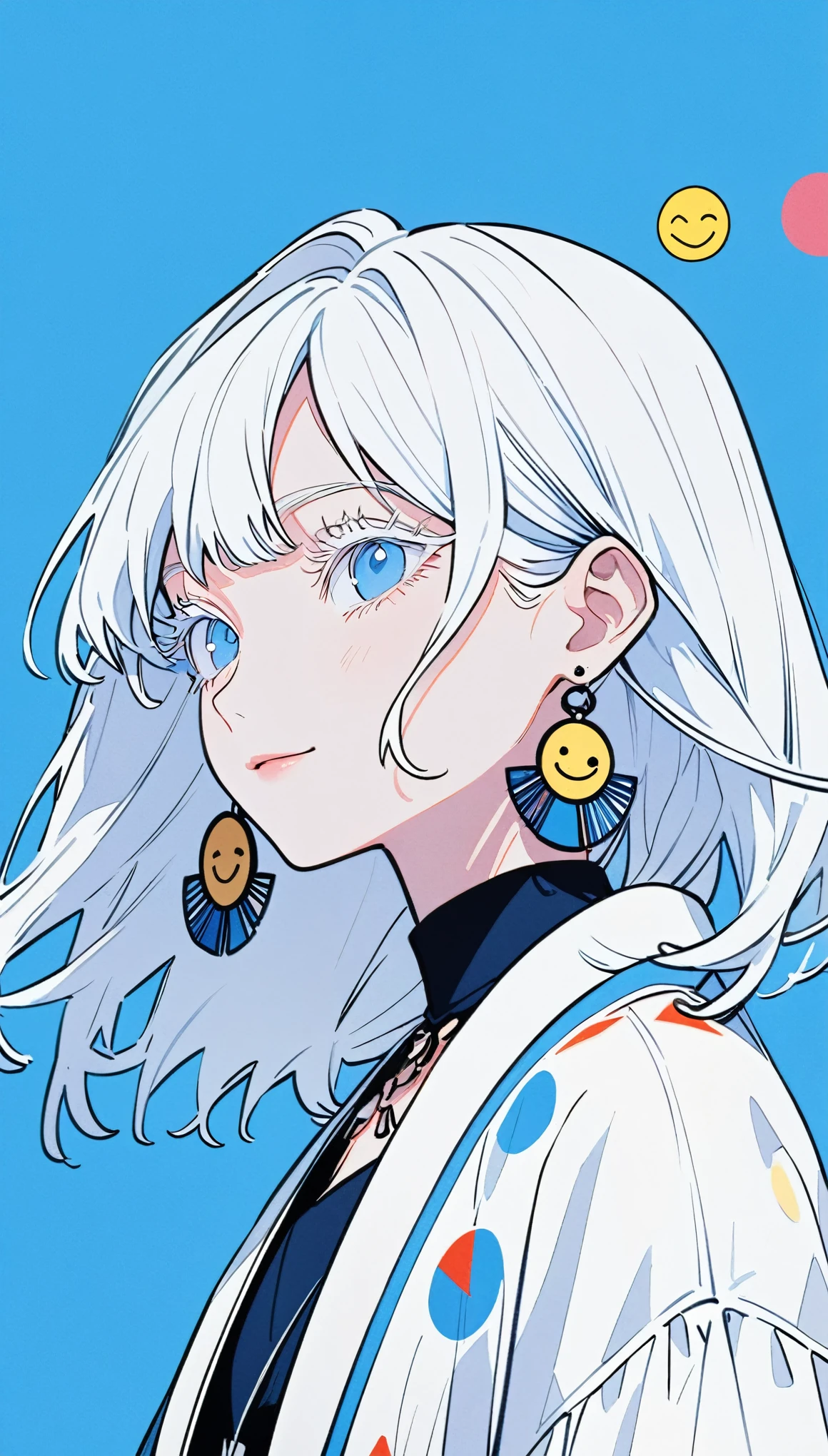 The Minimalists，Fashion Girl，White hair，Blue Background，Wearing special earrings，Bohemian style，Clear eyelashes，Bright blue eyes，Clean通透的眼珠，closure，Smiley face flat illustration，geometry，Clean，Japanese Manga