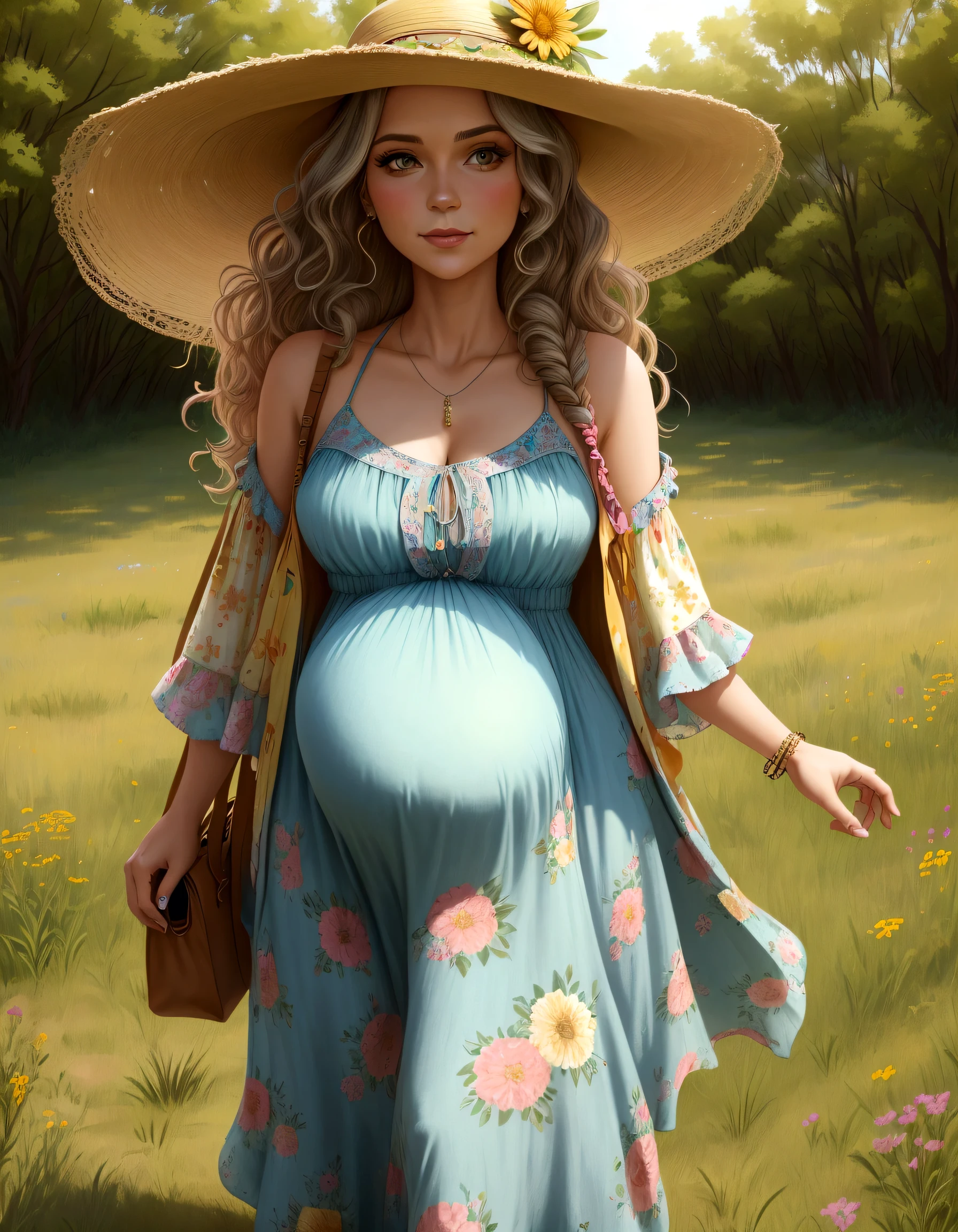 an up close photo of a pregnant woman dressed in bohemian-inspired fashion,sunny, wearing a flowy maxi dress with floral prints, layered with a denim jacket and accessorized with a floppy hat and vintage accessories. Her hair is styled in loose waves or natural curls. The setting is a sunlit park or meadow, with long grass and wildflowers,