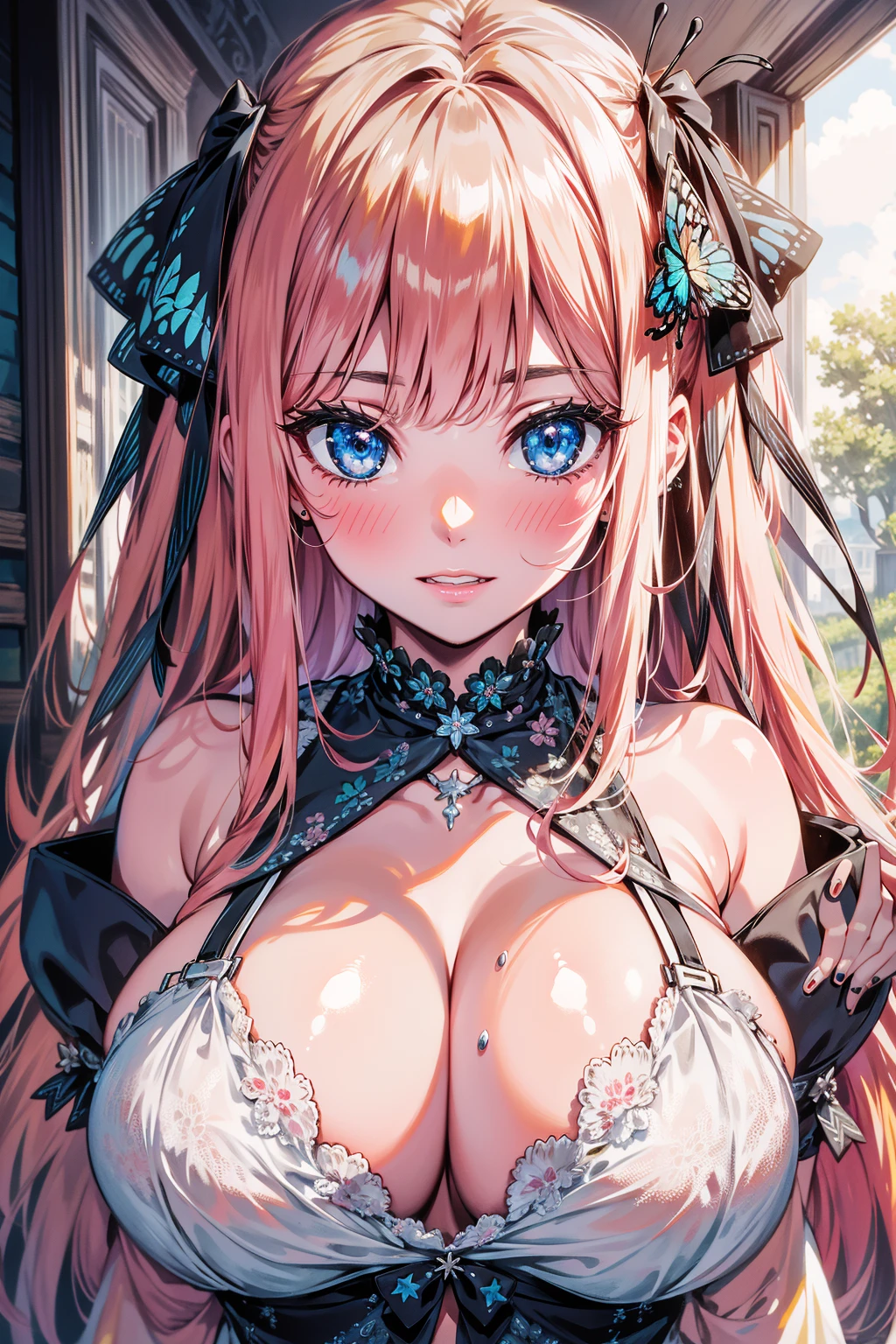 absurd, 8K, high resolution, ultra detailed, beautiful, masterpiece, best quality, very pretty woman, young, blonde hair, (very big breasts: 1.3), detailed woman's face, very attractive, white lingerie, Nino_N, pink hair, bangs, blue eyes, hair ornament, butterfly hair ornament