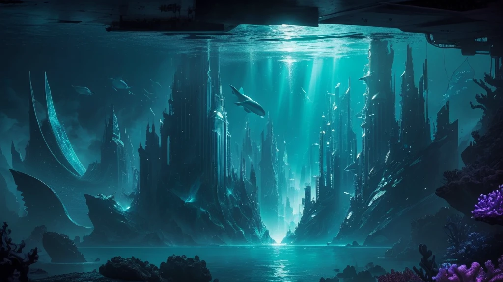 "A high-resolution, realistic, fantastical, and serene deep-sea city scene viewed from the ocean floor looking up towards the water surface. The city is very large with futuristic buildings, domes, and spires, completely submerged in clear emerald green water. The scene has a magical and tranquil atmosphere, with soft glowing lights illuminating the city. The water is deep, creating a darker and more mysterious environment. In the background, the silhouette of a whale can be seen. The city is surrounded by vibrant marine life and coral formations, capturing the enchanting beauty of the underwater city. Glowing city.The theme color is Purple and Cyan blue, highlighting the underwater environment. The aspect ratio is 16:9."