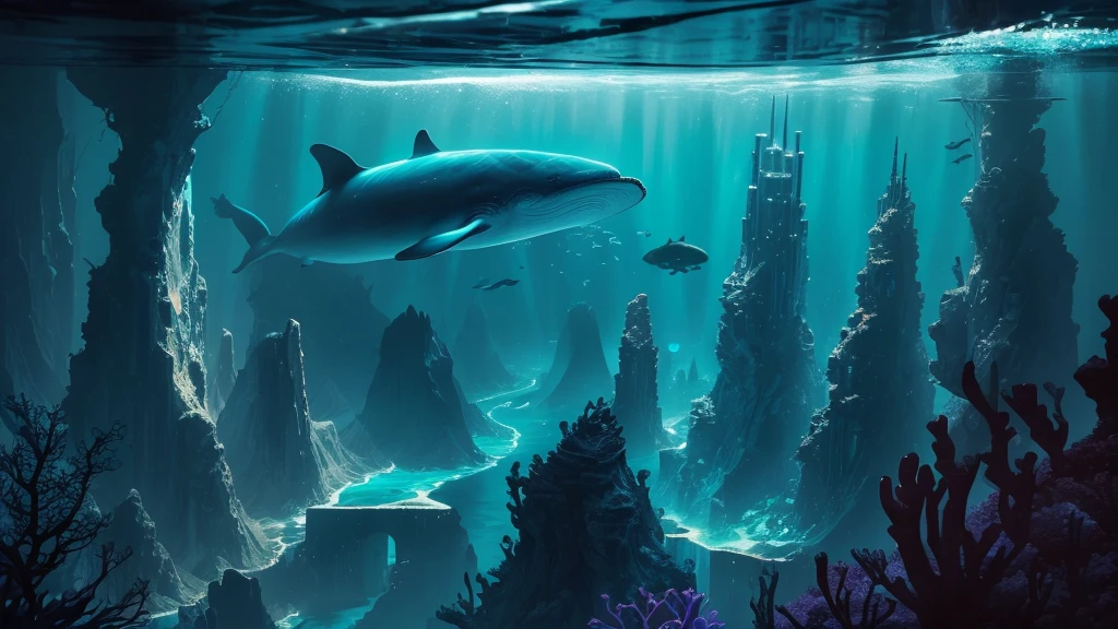 "A high-resolution, realistic, fantastical, and serene deep-sea city scene viewed from the ocean floor looking up towards the water surface. The city is very large with futuristic buildings, domes, and spires, completely submerged in clear emerald green water. The scene has a magical and tranquil atmosphere, with soft glowing lights illuminating the city. The water is deep, creating a darker and more mysterious environment. In the background, the silhouette of a whale can be seen. The city is surrounded by vibrant marine life and coral formations, capturing the enchanting beauty of the underwater city. Glowing city.The theme color is Purple and Cyan blue, highlighting the underwater environment. The aspect ratio is 16:9."