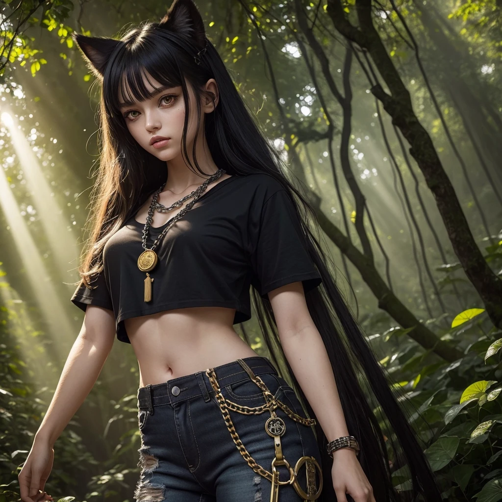 forest, catgirl, black cropped t-shirt adorned with medals and chains, black jeans adorned with chains and patches, beams of sunlight shining through the canopy, yellow eyes, calico fur, beautifully lit, insanely detailed, stunning environment