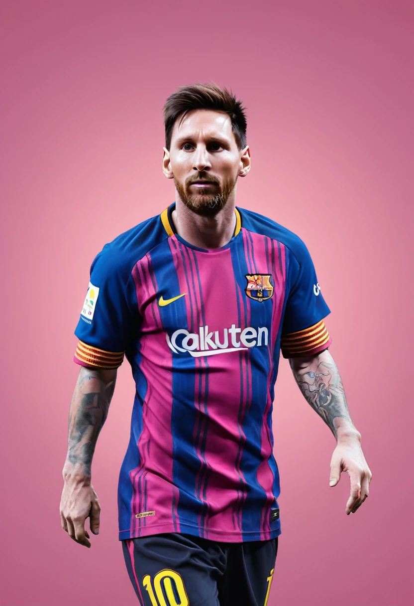 Lionel Messi. inspired by Eva Gonzalez, best quality, masterpiece, Ultra high detail, 8k. Pink background.