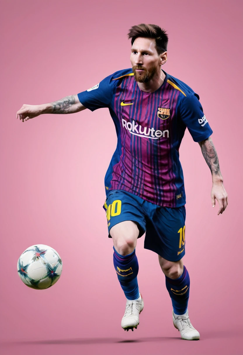 Lionel Messi. inspired by Eva Gonzalez, best quality, masterpiece, Ultra high detail, 8k. Pink background.