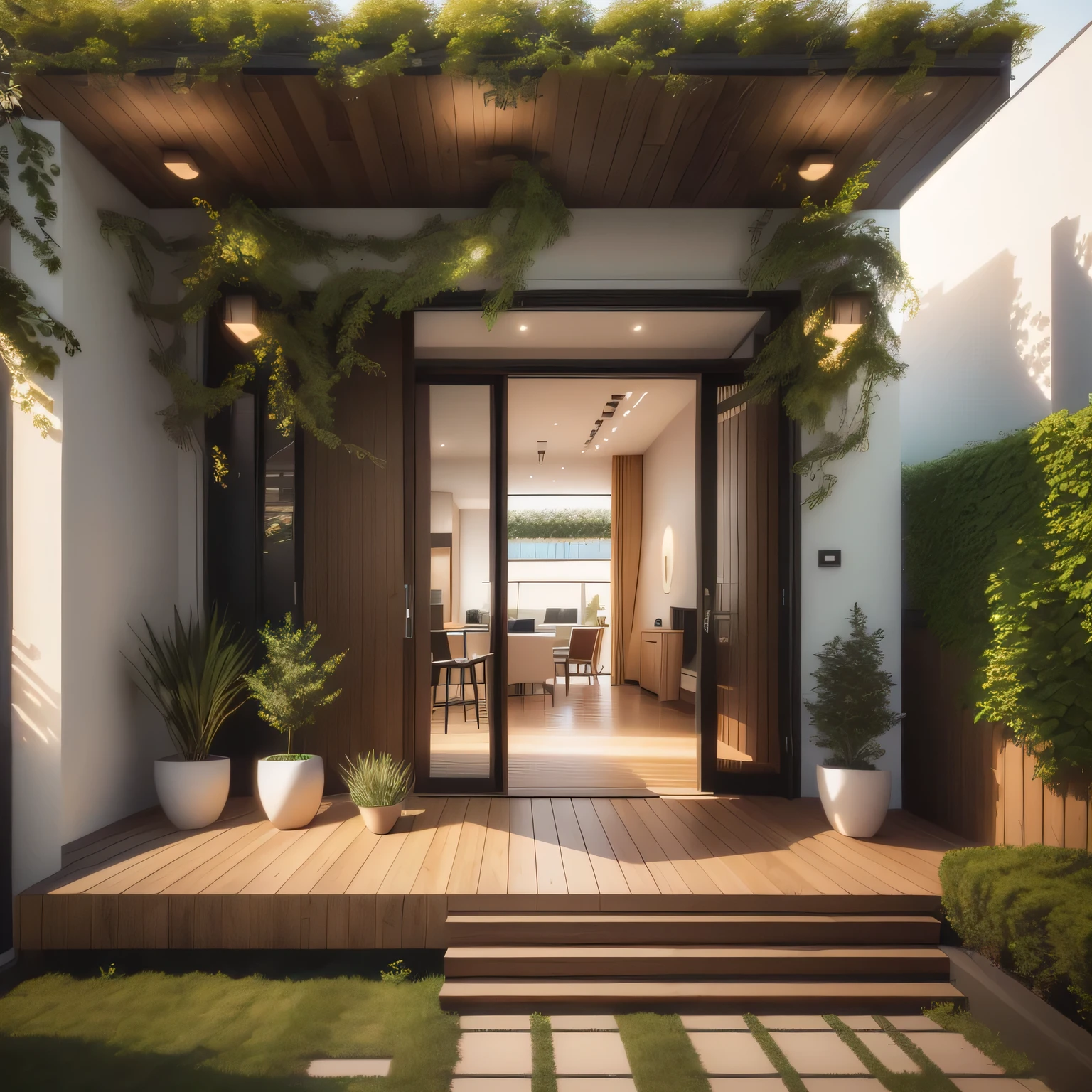 doorway of a modern home with a large glass door and a wooden ceiling, neotraditional modern, exterior design, in style of 3d render, modern lush condo as shopfront, highly rendered!!, wide angle exterior 2022, contemporary design, balcony door, tall entry, sleek utopian design, architectural 3 d render, architectural rendering, front facing shot