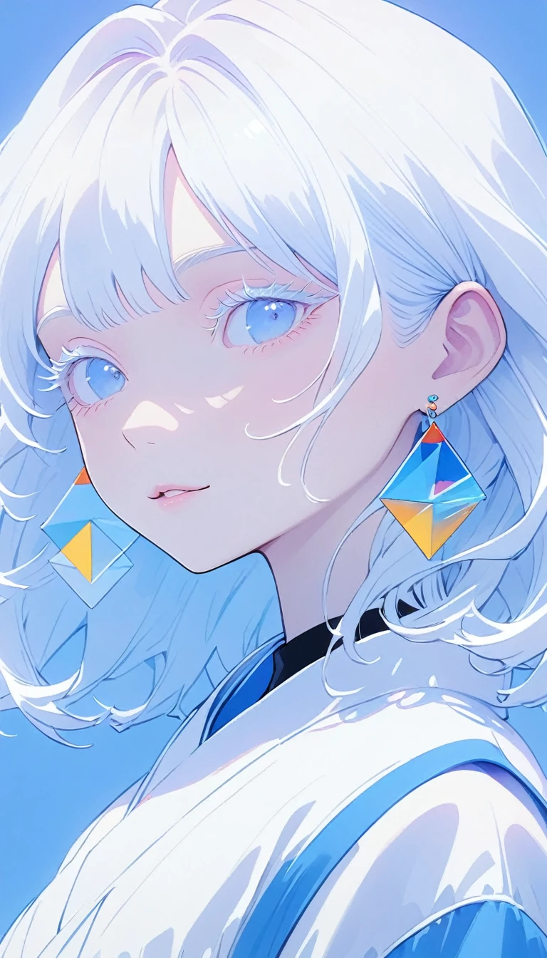 The Minimalists，Fashion Girl，White hair，Blue Background，Wearing special earrings，Bohemian style，Clear eyelashes，Bright blue eyes，Clean通透的眼珠，closure，Smiley face flat illustration，geometry，Clean，Japanese Manga