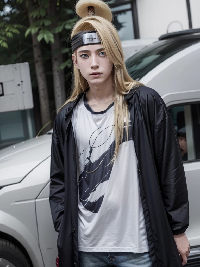 Deidara. man. 19 years. rubio. long hair. blue eyes. Long left side fringe. sexy, with casual clothes