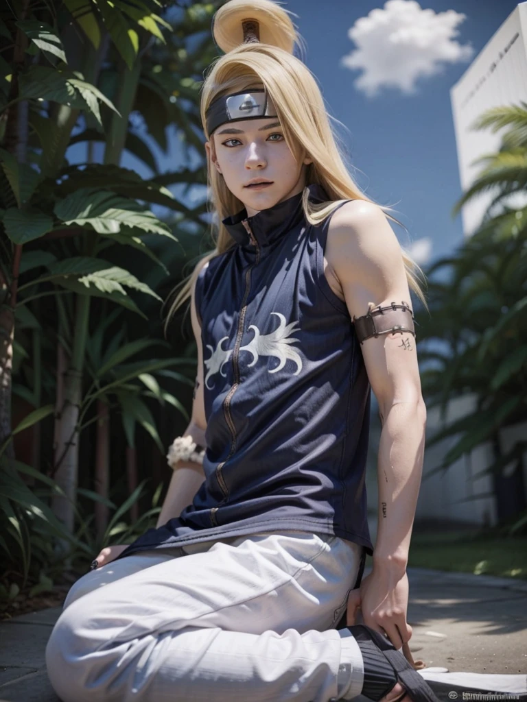 Deidara. man. 19 years. rubio. long hair. blue eyes. Long left side fringe. sexy, with casual clothes