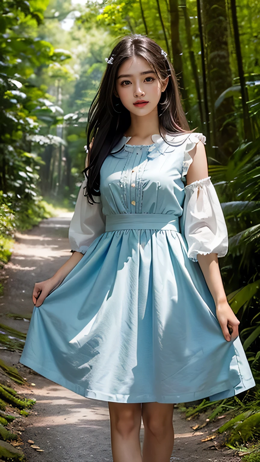 ((Masterpiece: 1.37)), 18 years girl, Asian Beauty Girl, A beautiful and cute girl, full body photo, extremely beautiful and delicate, black hair, sweet smile, (smile: 1.2), delicate beautiful fair skin, realistic, exquisite and complete facial features, detailed facial portrayal, flowing smooth hair, extremely delicate hair, soft temperament, face light, tall, thin, real, hyper-real, full-body lens, (Dress Women Kawaii Clothing Lolita Dress), ultimate picture quality, highest precision, accurate and perfect human body structure. Blue sky and white clouds, Rain forest, very dangerous forest, walking in middle of forest, sunlight,
