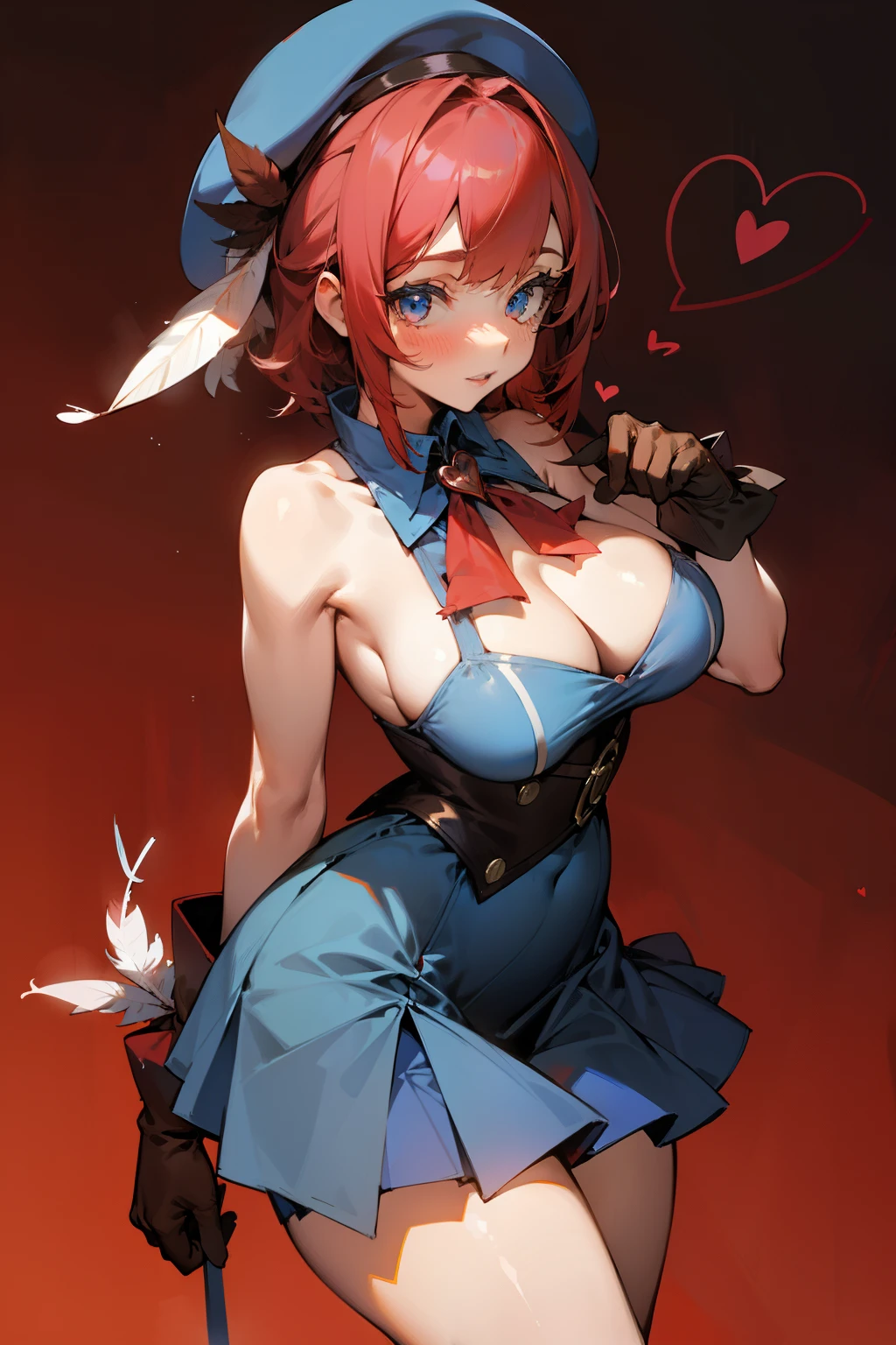 Cute girl, poet, big red hat with a heart decoration and two feathers, blue dress, brown gloves, big breasts, short skirt, bare shoulders