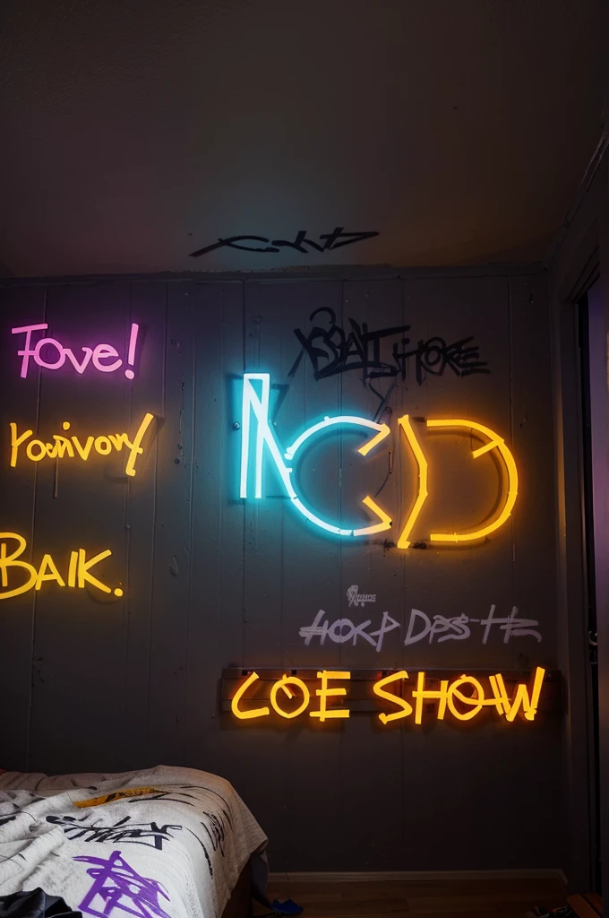 Make graffiti text with a variety of cool fonts and free styles, combining purple, white, orange, red, blue, yellow, with the name [ADAM KASEP] on the wall in a house in a quiet and dark atmosphere.