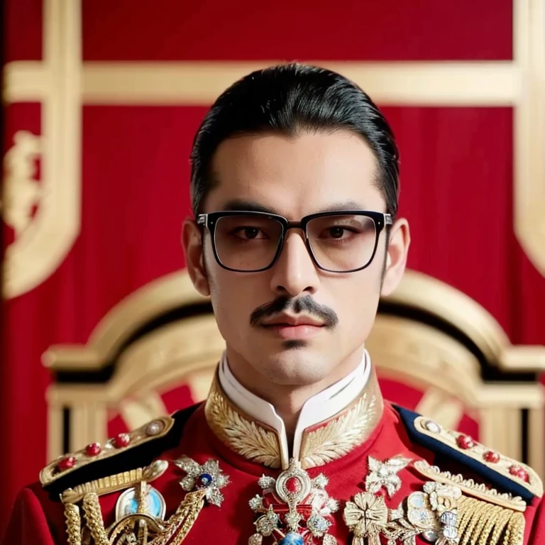 Araffe, in a red, black, blue and gold uniform, poses for a photo., royal an emperor, Order of Akira, Biopic, Insulting like Napoleon, beautiful androgynous prince, proud an emperor, Godfather Khan, Inspired by Yasutomo Oka, Insulting by impersonating Napoleon, portrait of the empire, french an emperor, royal portrait, Emir, an emperor, Rafael Pernaz