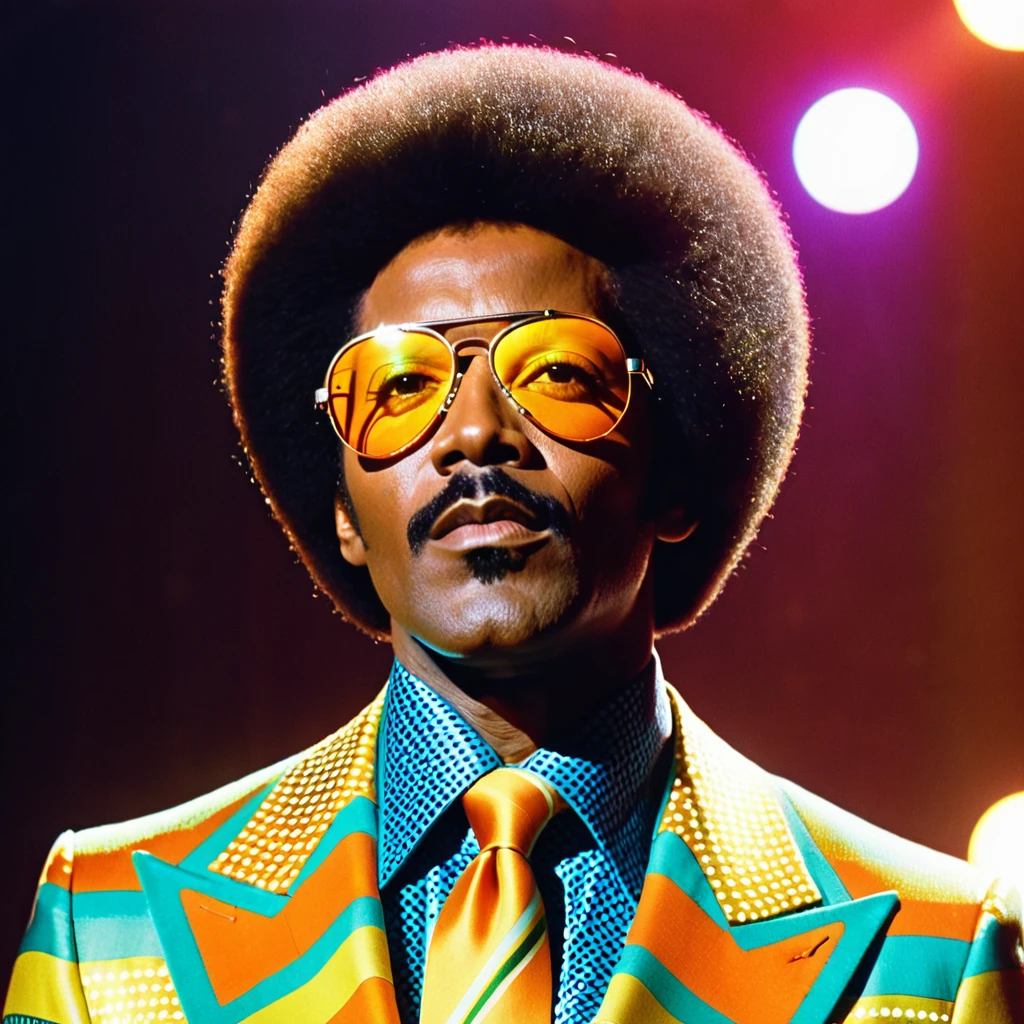 A closeup photo of Luther Diamond, a fictional 1970s R&B superstar. Luther has a stylish afro hairstyle, large aviator sunglasses, and a confident expression. He is dressed in a flashy, colorful suit with wide lapels and a bold pattern, embodying the vibrant fashion of the 1970s. The background features a stage with vibrant lighting, capturing the energetic atmosphere of a live performance. This image showcases Luther as a charismatic and legendary performer from the era.