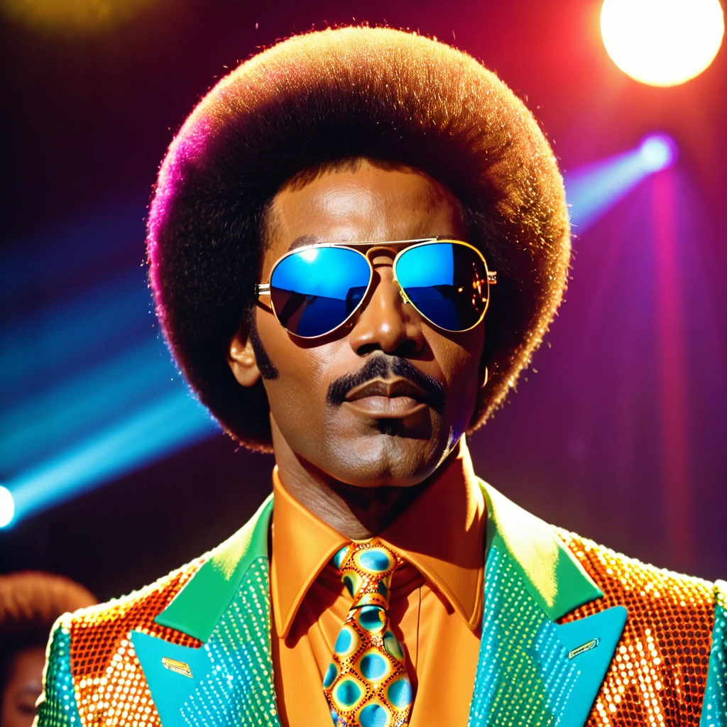 A closeup photo of Luther Diamond, a fictional 1970s R&B superstar. Luther has a stylish afro hairstyle, large aviator sunglasses, and a confident expression. He is dressed in a flashy, colorful suit with wide lapels and a bold pattern, embodying the vibrant fashion of the 1970s. The background features a stage with vibrant lighting, capturing the energetic atmosphere of a live performance. This image showcases Luther as a charismatic and legendary performer from the era.
