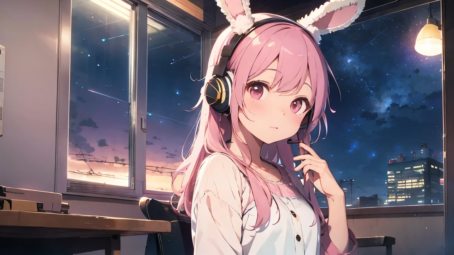 Highest quality, pretty girl, pastel colour, Fluffy bunny ears, Pink long hair,Pale pink eyes,You can see the starry sky from the window,Chill Pop,Lo-Fi,Wearing pink headphones