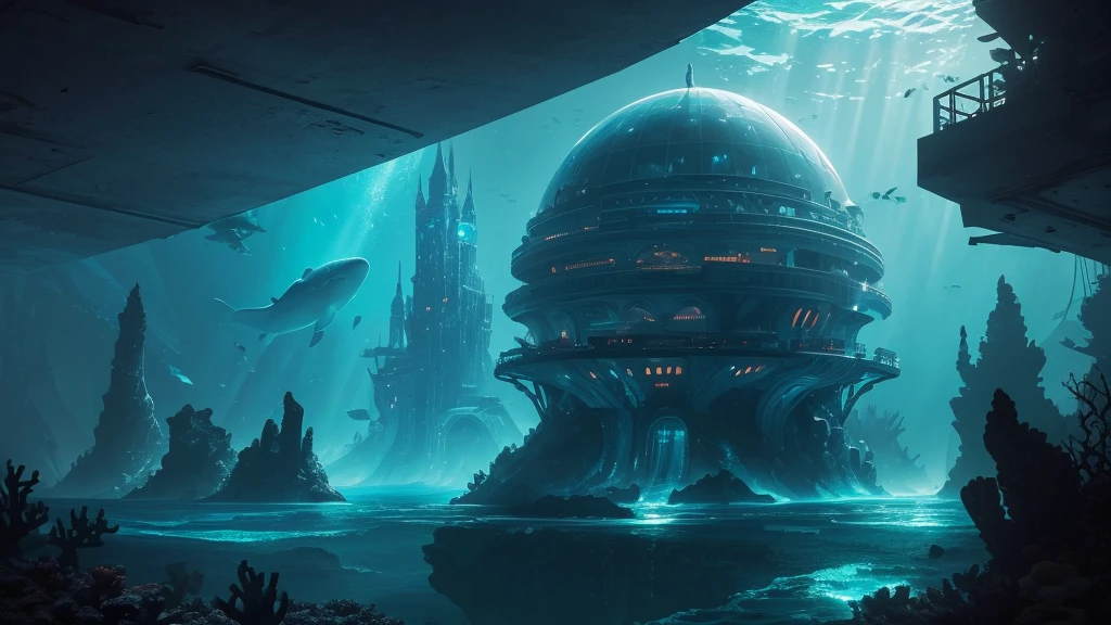 "A high-resolution, realistic, fantastical, and serene deep-sea city scene viewed from the ocean floor looking up towards the water surface. The city is very large with futuristic buildings, domes, and spires, completely submerged in clear emerald green water. The scene has a magical and tranquil atmosphere, with soft glowing lights illuminating the city. The water is deep, creating a darker and more mysterious environment. In the background, the silhouette of a whale can be seen. The city is surrounded by vibrant marine life and coral formations, capturing the enchanting beauty of the underwater city. Glowing city.The theme color is Purple and Cyan blue, highlighting the underwater environment. The aspect ratio is 16:9."