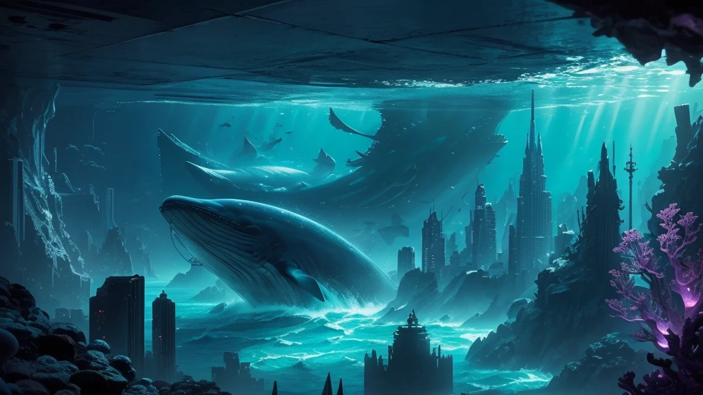 "A high-resolution, realistic, fantastical, and serene deep-sea city scene viewed from the ocean floor looking up towards the water surface. The city is very large with futuristic buildings, domes, and spires, completely submerged in clear emerald green water. The scene has a magical and tranquil atmosphere, with soft glowing lights illuminating the city. The water is deep, creating a darker and more mysterious environment. In the background, the silhouette of a whale can be seen. The city is surrounded by vibrant marine life and coral formations, capturing the enchanting beauty of the underwater city. Glowing city.The theme color is Purple and Cyan blue, highlighting the underwater environment. The aspect ratio is 16:9."