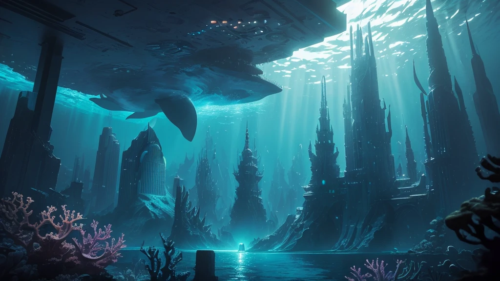 "A high-resolution, realistic, fantastical, and serene deep-sea city scene viewed from the ocean floor looking up towards the water surface. The city is very large with futuristic buildings, domes, and spires, completely submerged in clear emerald green water. The scene has a magical and tranquil atmosphere, with soft glowing lights illuminating the city. The water is deep, creating a darker and more mysterious environment. In the background, the silhouette of a whale can be seen. The city is surrounded by vibrant marine life and coral formations, capturing the enchanting beauty of the underwater city. Glowing city.The theme color is Purple and Cyan blue, highlighting the underwater environment. The aspect ratio is 16:9."