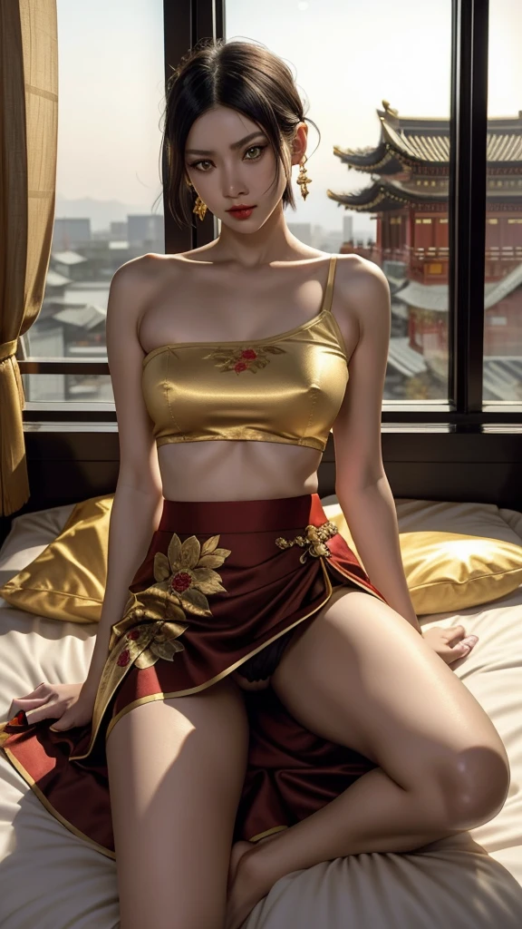 White short haired woman, with yellow eyes, mostrando os peitos, legs open showing pussy, with an angry face and a provocative look, Wearing traditional Chinese imperial clothing in gold and black, with red Hanafuda earrings, with a short red skirt. On your knees in a hotel room bed, with a sunset in the window in the background.