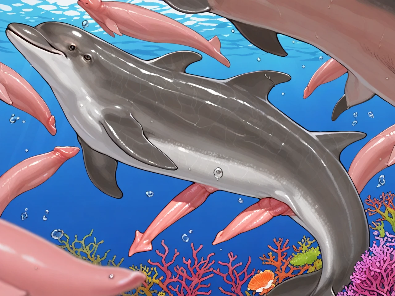 score_9, score_8_up, score_7_up, score_6_up, source_furry, rating_questionable, contrast, detailed background, depth of field, artistic lighting, countershading, ultra detailed,
(by funkybun:1.1), yomu (sgt epper)
dolphin, animal, dolphin penis, feral, swimming, underwater, coral reef,