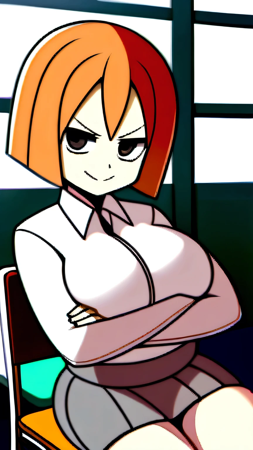 1 woman, 17 years old, (choppy bob, orange hair), angry face expression, (crossing arms), plump body, black eyes, Indonesian high-school uniform, (wearing transparent white shirt, showing bra), osis logo on shirt pocket, huge XL breasts, light-grey pleated skirt, sitting on a chair, seductive pose, full body shot, smiling, in the classroom.
