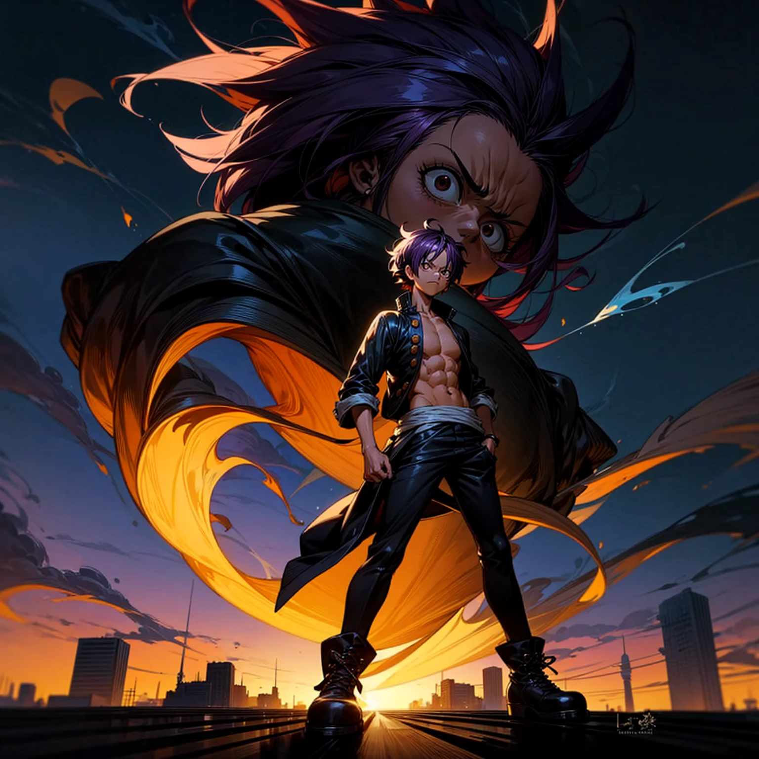 1character, full body version, character is adult male version, hazel eyes, dark purple colour hair, Shaggy hairstyle, clothing style is punk, boots, Grassroots background in city, motion blur, shadow, Black fire in hand, smoke in hand, Normal standing gesture, view low angle, He turned into half a huge monster 100 feet tall, (one piece style art)