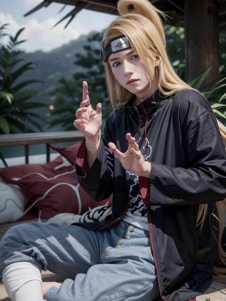 Deidara. man. 19 years. rubio. long hair. blue eyes. Long left side fringe. sexy, with casual clothes