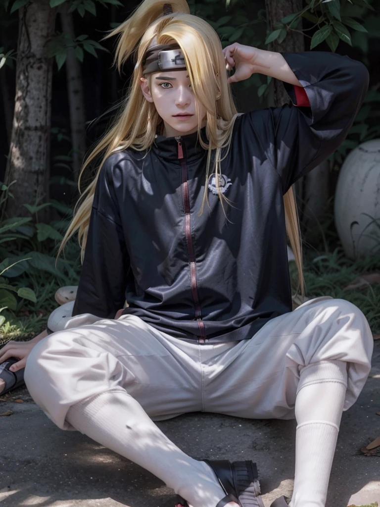 Deidara. man. 19 years. rubio. long hair. blue eyes. Long left side fringe. sexy, with casual clothes