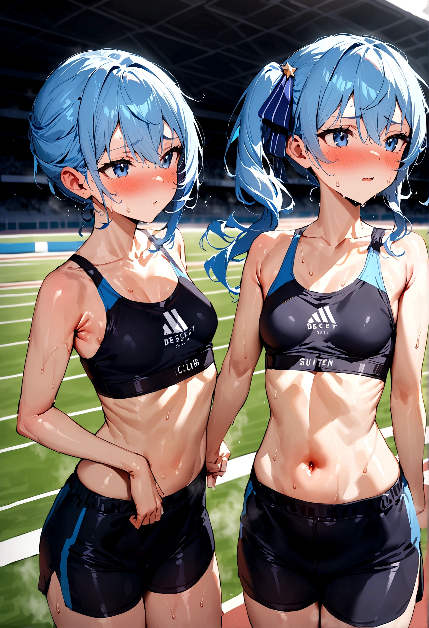 NSFW,masterpiece,Highest quality,High resolution,Super detailed,Star Town Suisei\(Hololive\),Blue Hair,One Side Ponytail,Blue Eyes,Small breasts,Track and field club,Descente Bra Top,Descente One Point Shorts,Streaks,Athletics Stadium,truck,blush,(In heat),Expecting face,(Sweat),Sports Drink